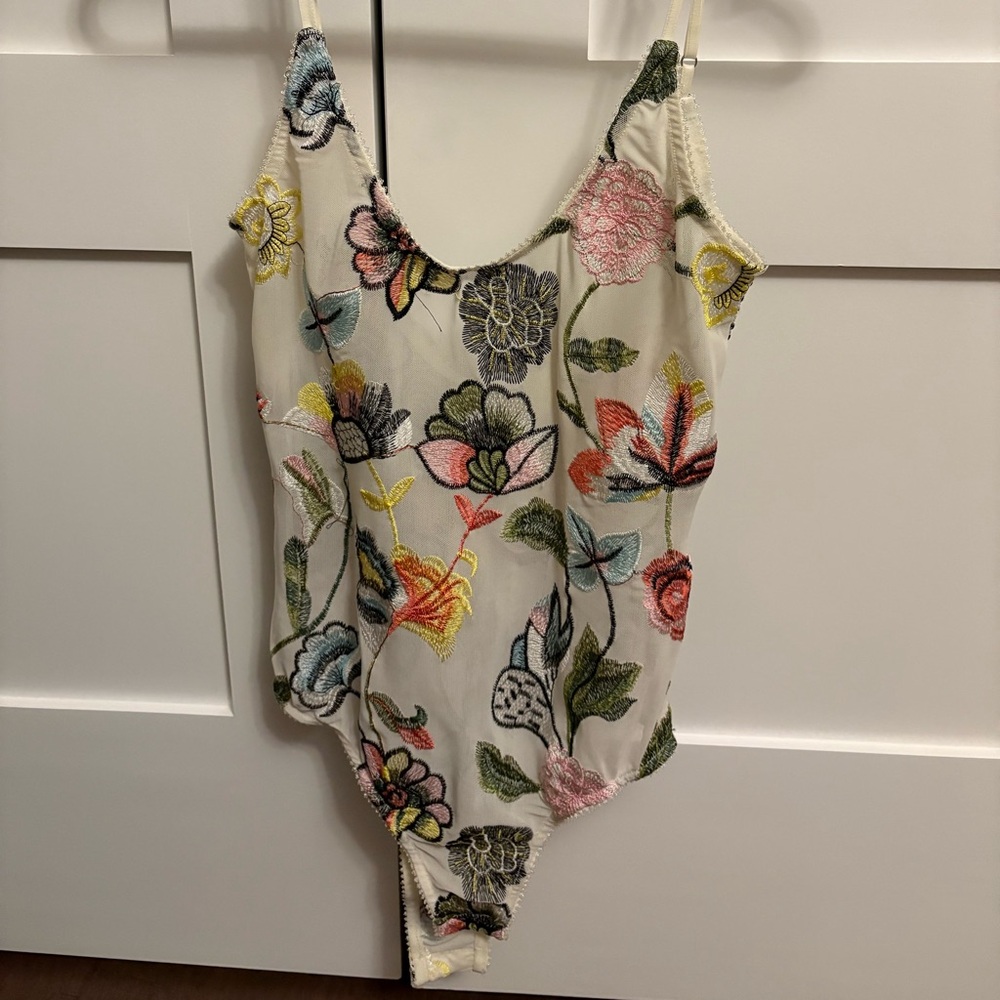 Floral Embroidered Cream Camisole Bodysuit